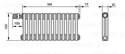 Схема (чертеж) Радиатор Zehnder Charleston 2035/13 №V011 Белый глянцевый RAL 9016